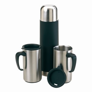 Set bestaande uit isoleerfles (500ml) van roestvrij staal en 2 isoleerbekers (200ml) van roestvrij staal, zilver, zwart