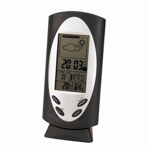 Weerstation van kunststof met groot LCD display met aanduiding van datum, tijd, luchtvochtigheid en verwacht weer, antraciet, zilver