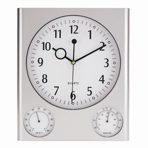 Wandklok met ingebouwde hygrometer en thermometer, zilver