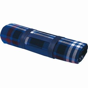 Fleece picknickdeken met PVC onderkant, ruitjes motief en draagband, blauw