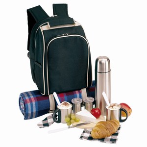 Luxe 600D polyester picknick rugzak met 2 RVS bekers, 2 koffielepels, 2 servetten, een peper en zout vaatje, een 0,75 liter RVS isoleerfles en een houten kaasplankje met mes, zwart, beige
