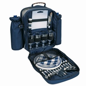 Picknick rugzak voor 4 personen met oa messen, vorken, lepels en snijplankje, blauw