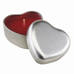 Geurkaarsje in hartvormig metalen doosje met deksel, zilver, rood