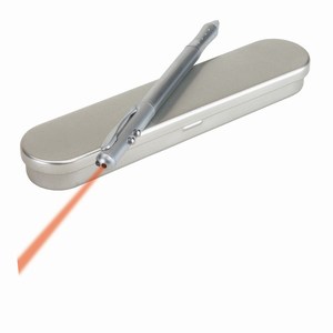 Metalen PDA zwartschrijvende balpen met laserpointer en LED lampje verpakt in een metalen doosje, zilver