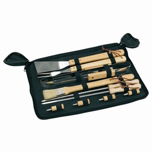 10 delig BBQ set van roestvrij staal met houten handgrepen, zwart, hout