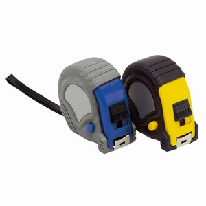 Rolbandmaat in rubberen houder met stopper, clip en draagkoordje, geel, zwart, 3 meter